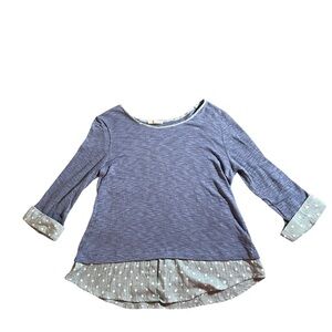 Anthropologie Le Lis Cotton Cornflower Blue Long Sleeve Top w/ Polka Dot Trim